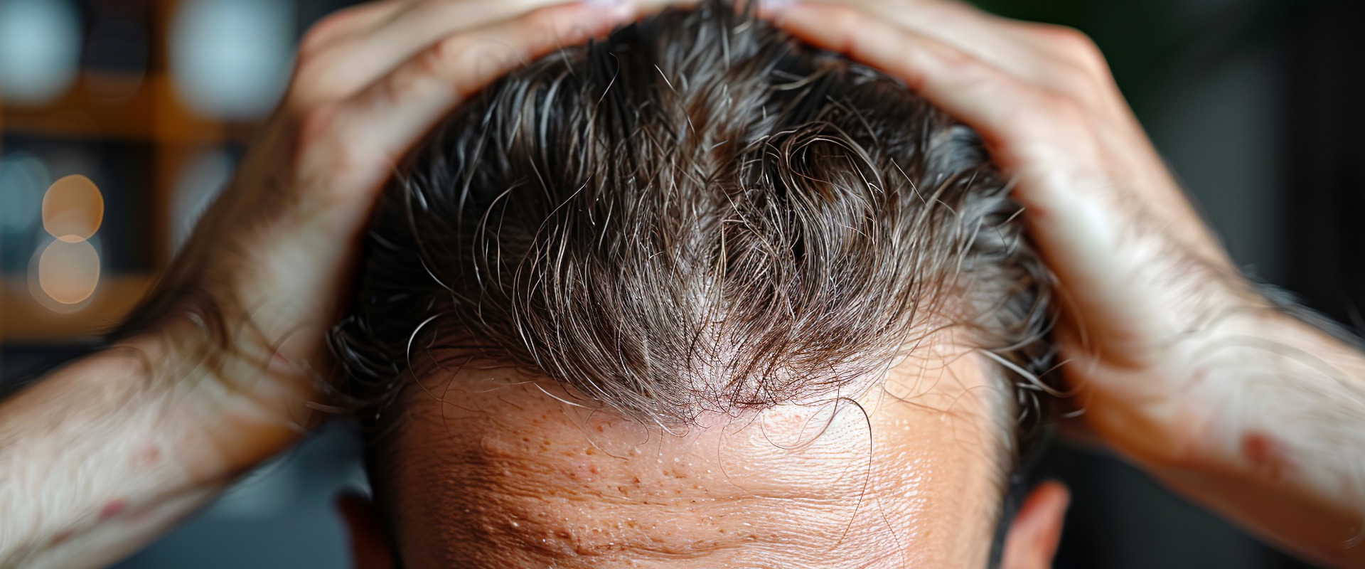 Nahaufnahme eines Mannes, der seinen zurückweichenden Haaransatz und seine Stirnfalten untersucht und seine Besorgnis über Haarausfall und Alterung zum Ausdruck bringt